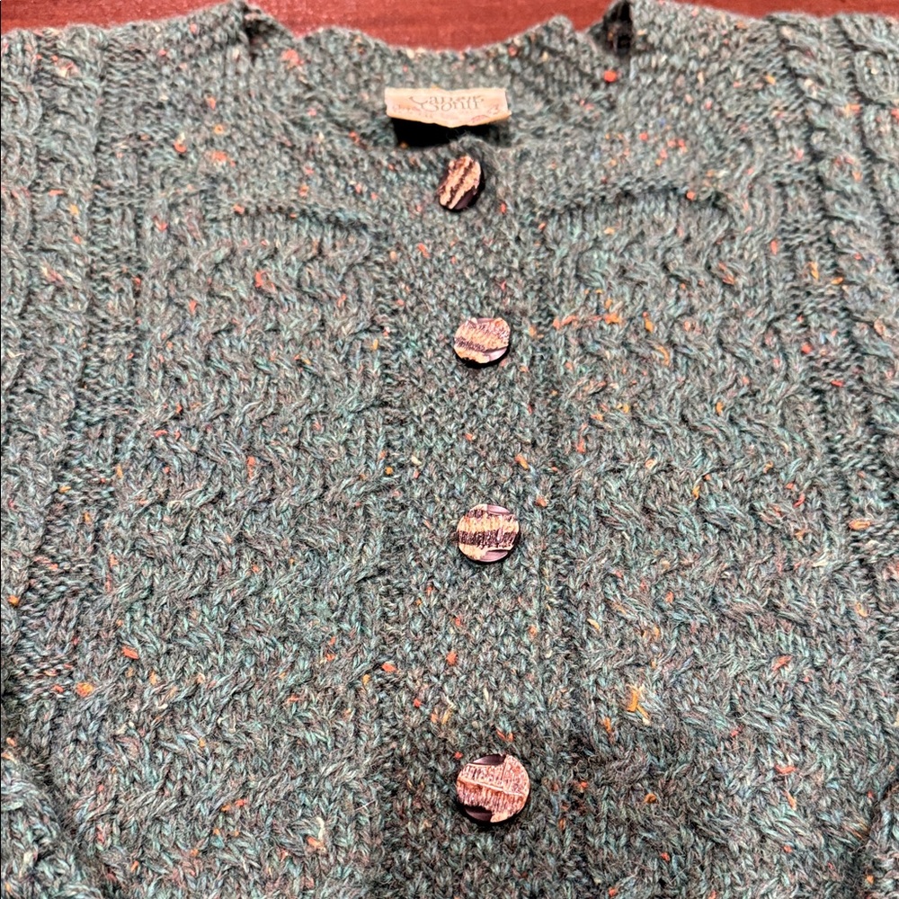 Carraig Donn Classic Green Tweed 100% Merino Wool Aran Irish Cable Knit Cardigan - Picture 4 of 6